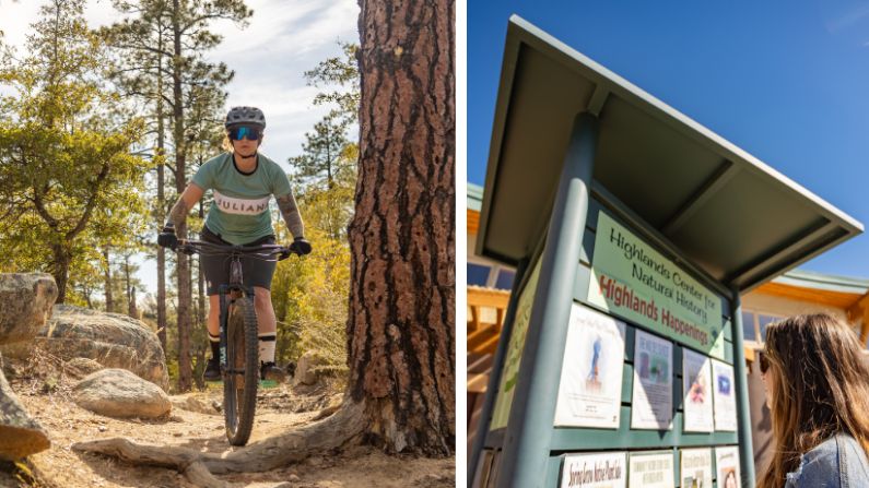 Collage of a mountain biker and a woman looking at signage at the Highlands Nature Center